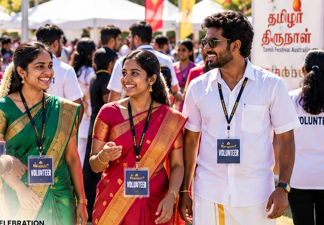 Tamil Festival volunteers celebrating in traditional attire
